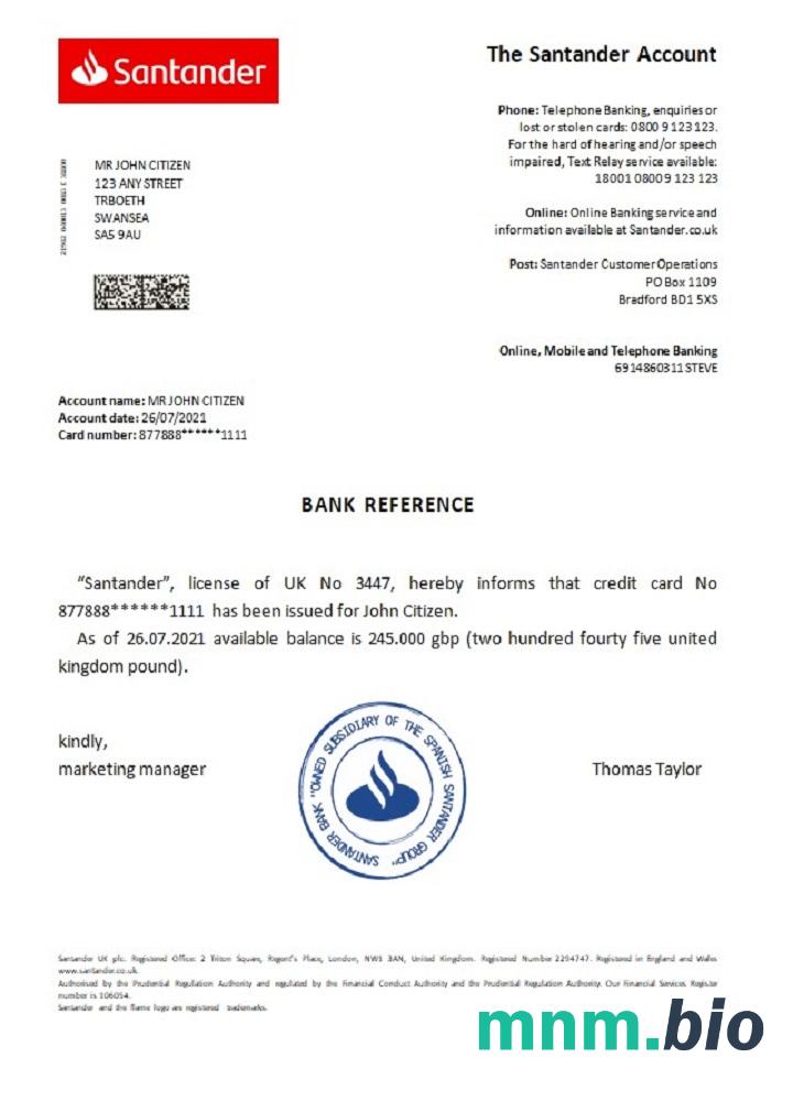 Przykład odniesienia Santander w Wielkiej Brytanii w formatach Word i PDF
